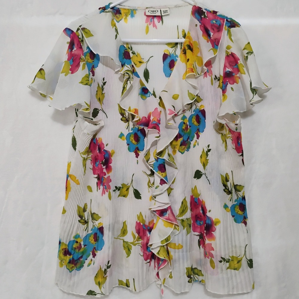 Cato‎ Woman 18 20 W Floral Ruffle V Neck Pleated Blouse White Pink Blue Plus Z